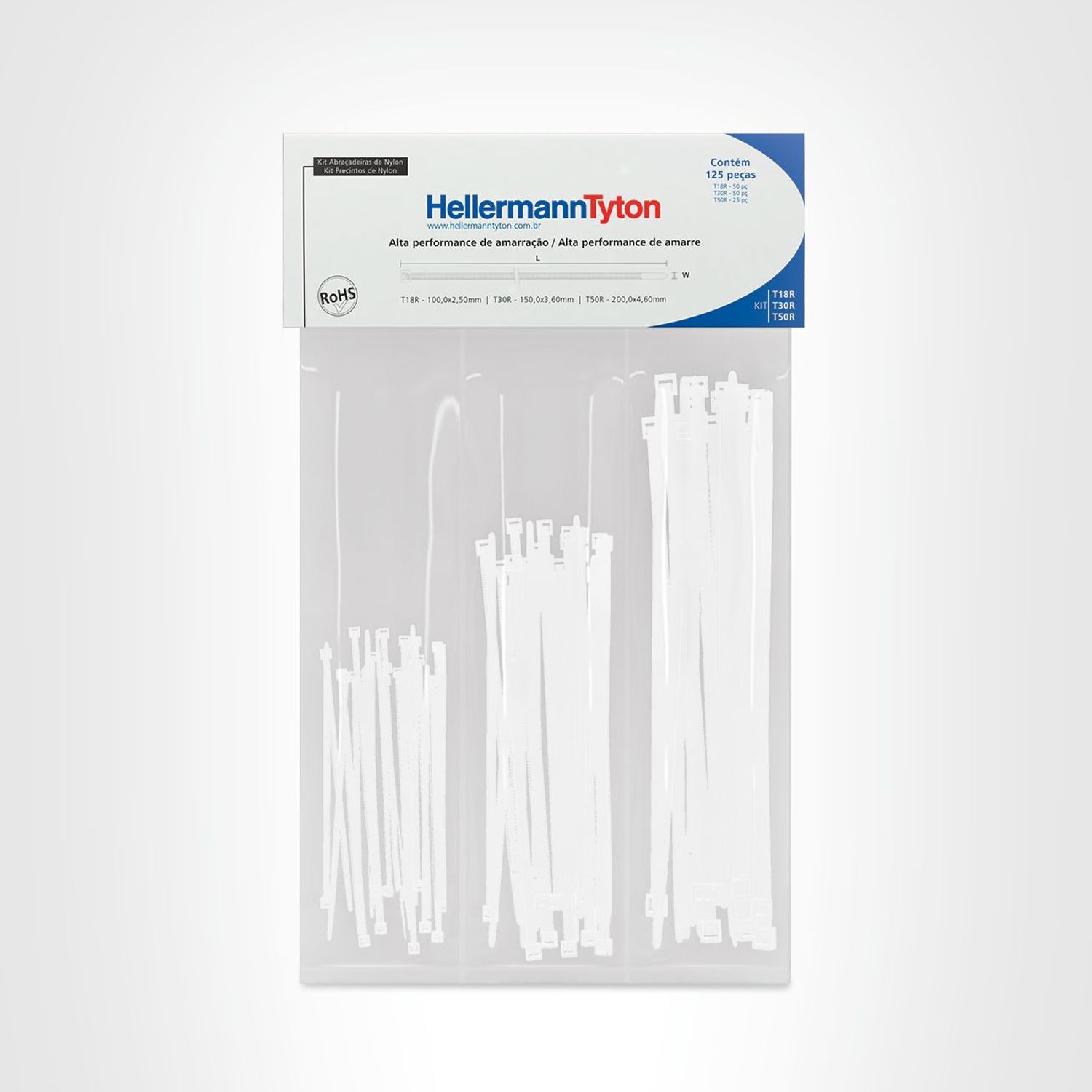Kit Abraçadeiras Nylon T18R 2,5X100mm T30R 3,6X150mm T50R 4