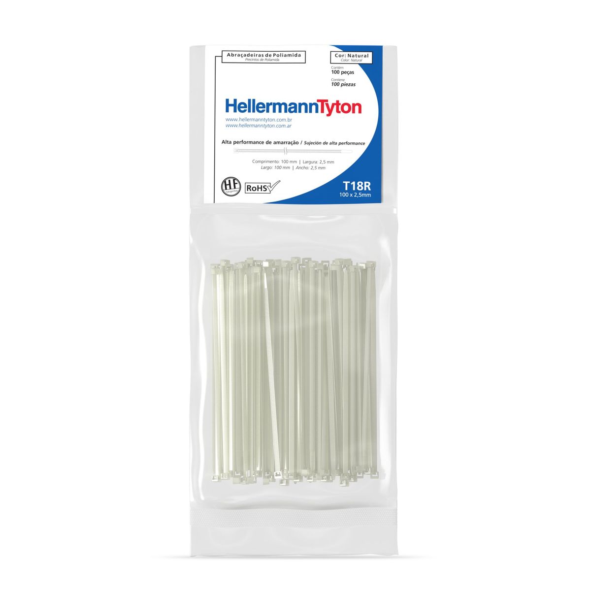 Abraçadeira Nylon T18R Natural 2,5X100mm Embalagem Com 100 Unidades, marca Hellermann - Foto Principal