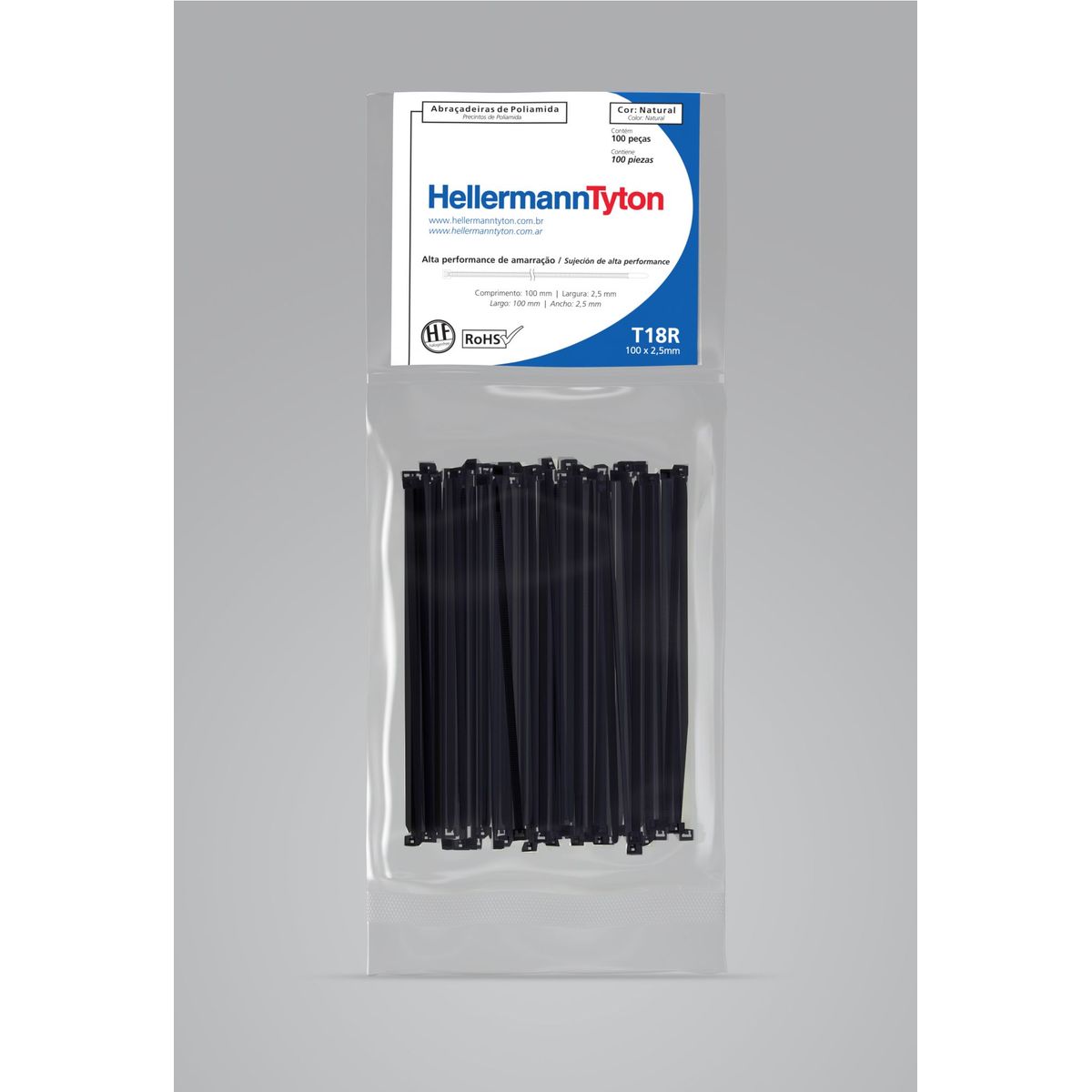 Abraçadeira Nylon T18R Preta 2,5X100mm Embalagem Com 100 Unidades, marca Hellermann - Foto Principal