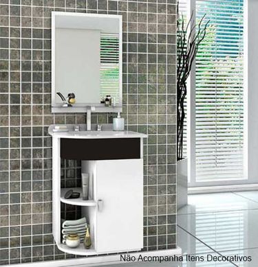 Conjunto Gabinete com Cuba e Espelho 45cm Vega Branco e Preto Cerocha