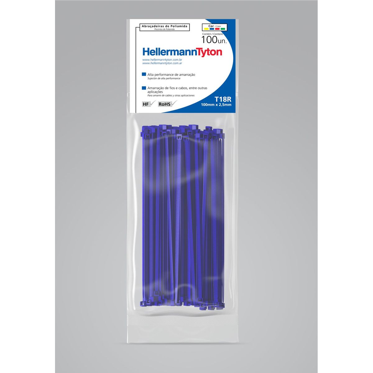 Abraçadeira Nylon T18R Azul 2,5X100mm Embalagem Com 100 Unidades, marca Hellermann - Foto Principal