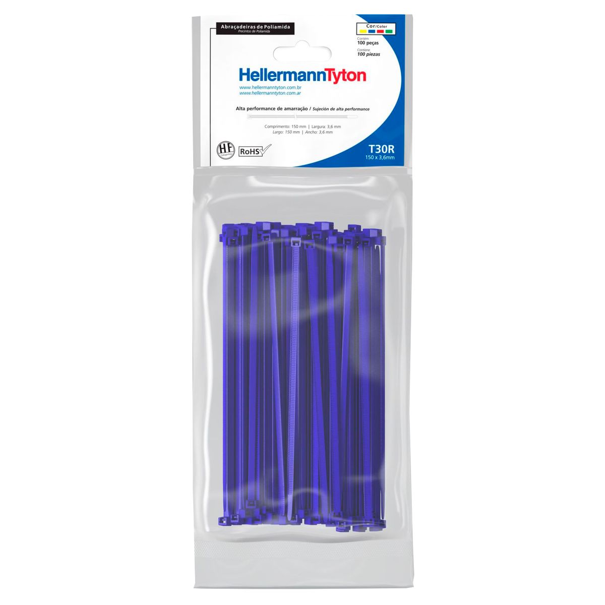 Abraçadeira Nylon T30R Azul 3,6X150mm Embalagem Com 100 Unidades, marca Hellermann - Foto Principal