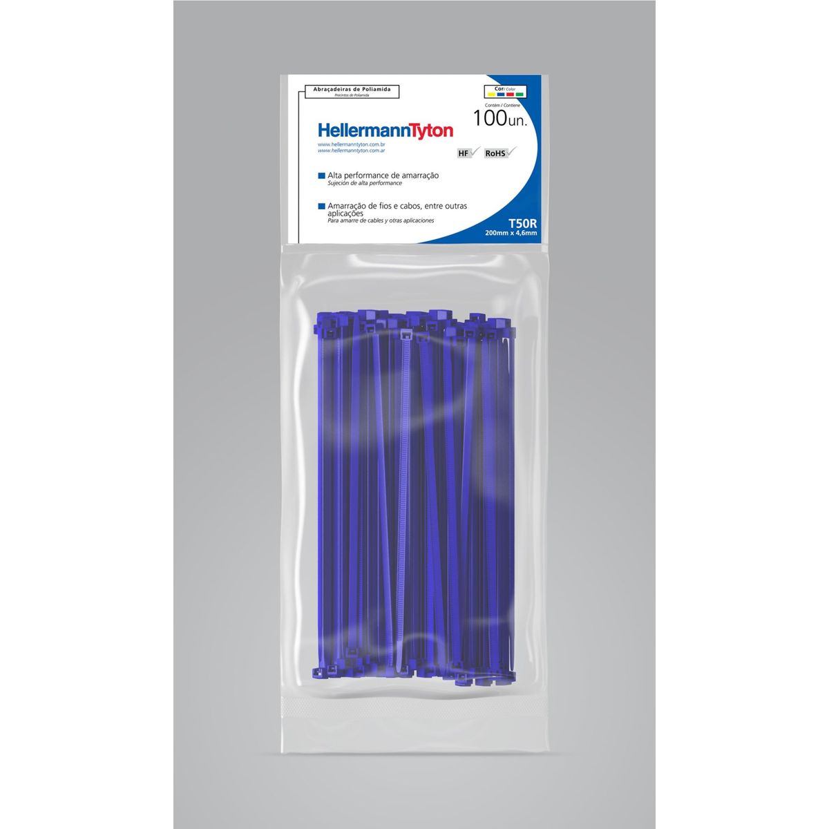 Abraçadeira Nylon T50R Azul 4,6X200mm Embalagem Com 100 Unidades, marca Hellermann - Foto Principal