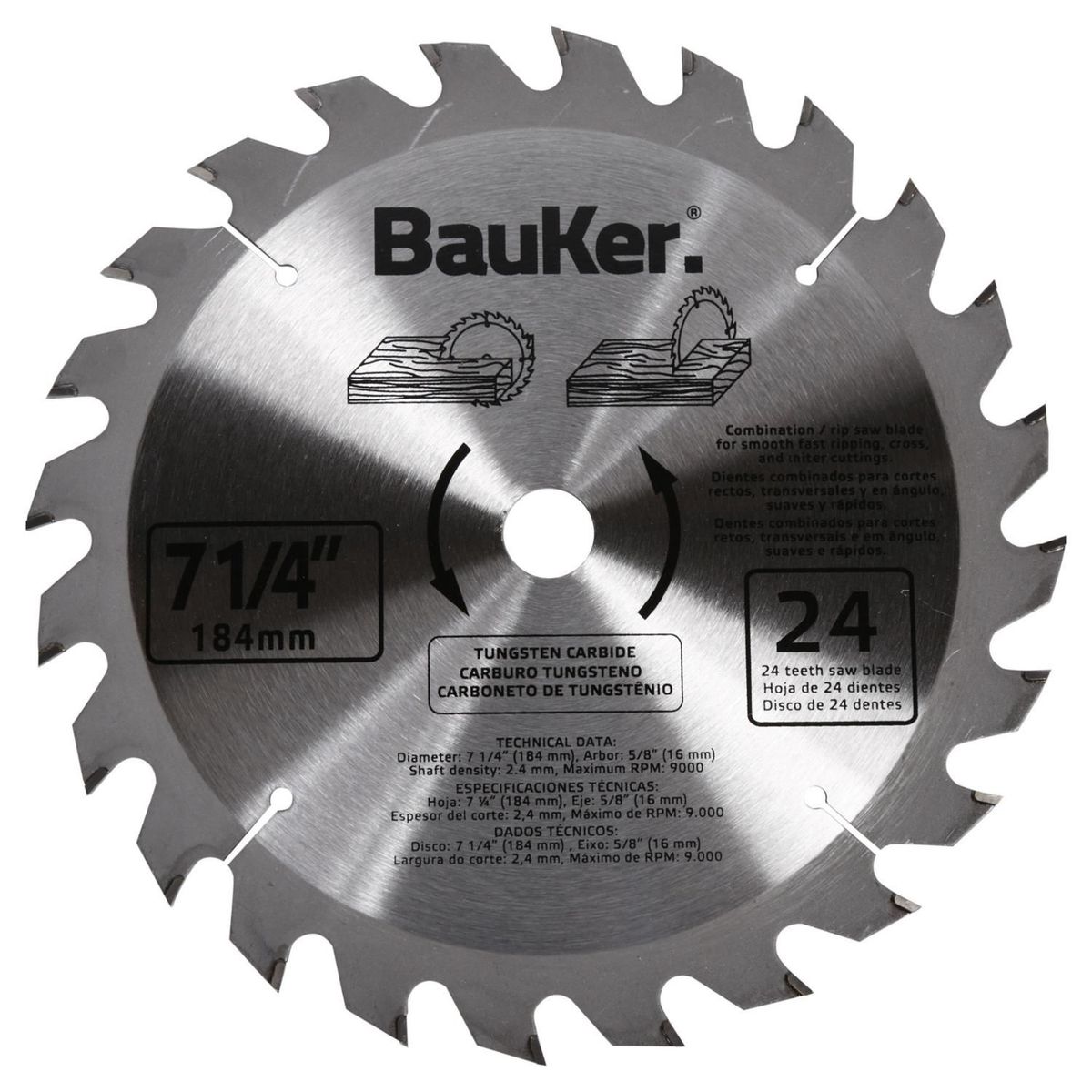 Lâmina de Serra Circular 7.1/4' com 24 Dentes Madeira Pro Pack, marca Bauker - Foto Principal