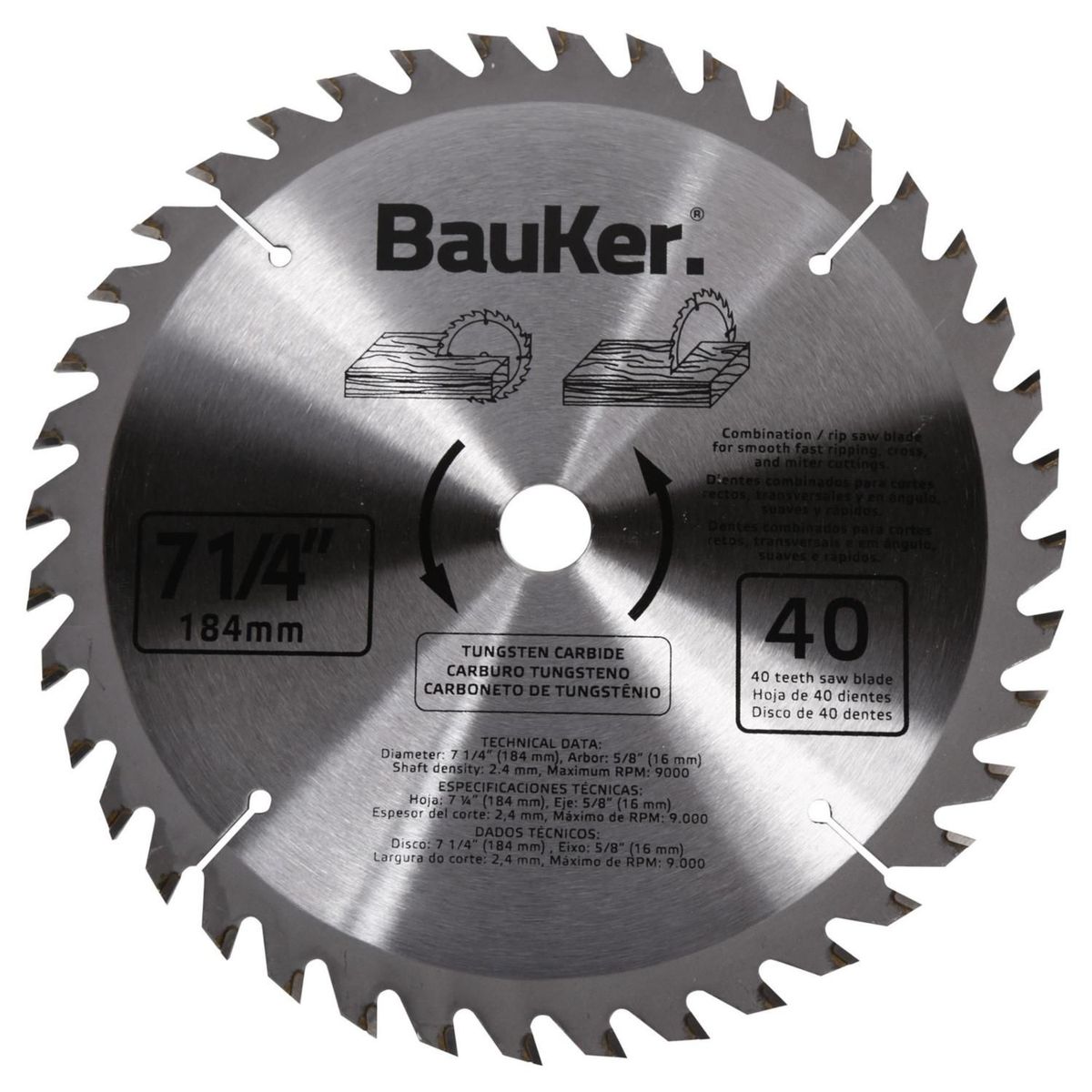 Lâmina de Serra Circular 7,1/4' com 40 Dentes Madeira, marca Bauker - Foto Principal