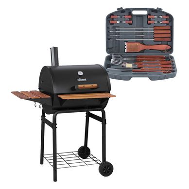 Kit com 18 Peas para Churrasco com Maleta + Churrasqueira a Carvo com Defumador Ferro Preto