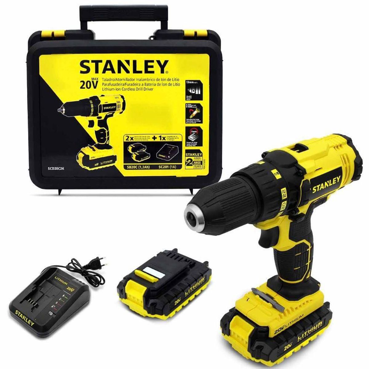 Parafusadeira/Furadeira sem Fio 20V Scd20C2K, Amarelo Preto, Stanley, marca Stanley - Foto Principal