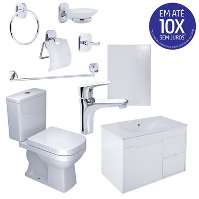 Kit Vaso Sanitrio Caixa Acoplada+Mvel Banheiro+Espelho Retangular+ Torneira Monocomando