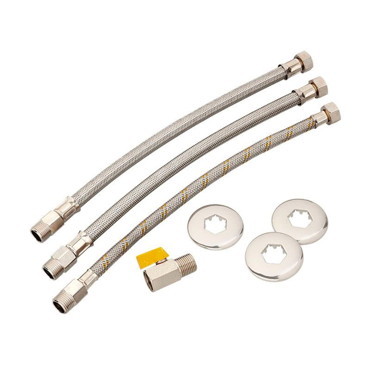 Kit para Instalação de Aquecedor a Gás Passagem 40cm com 3 Flexíveis Inox, 3 Canoplas e 1 Registro, marca Blukit - Foto Principal
