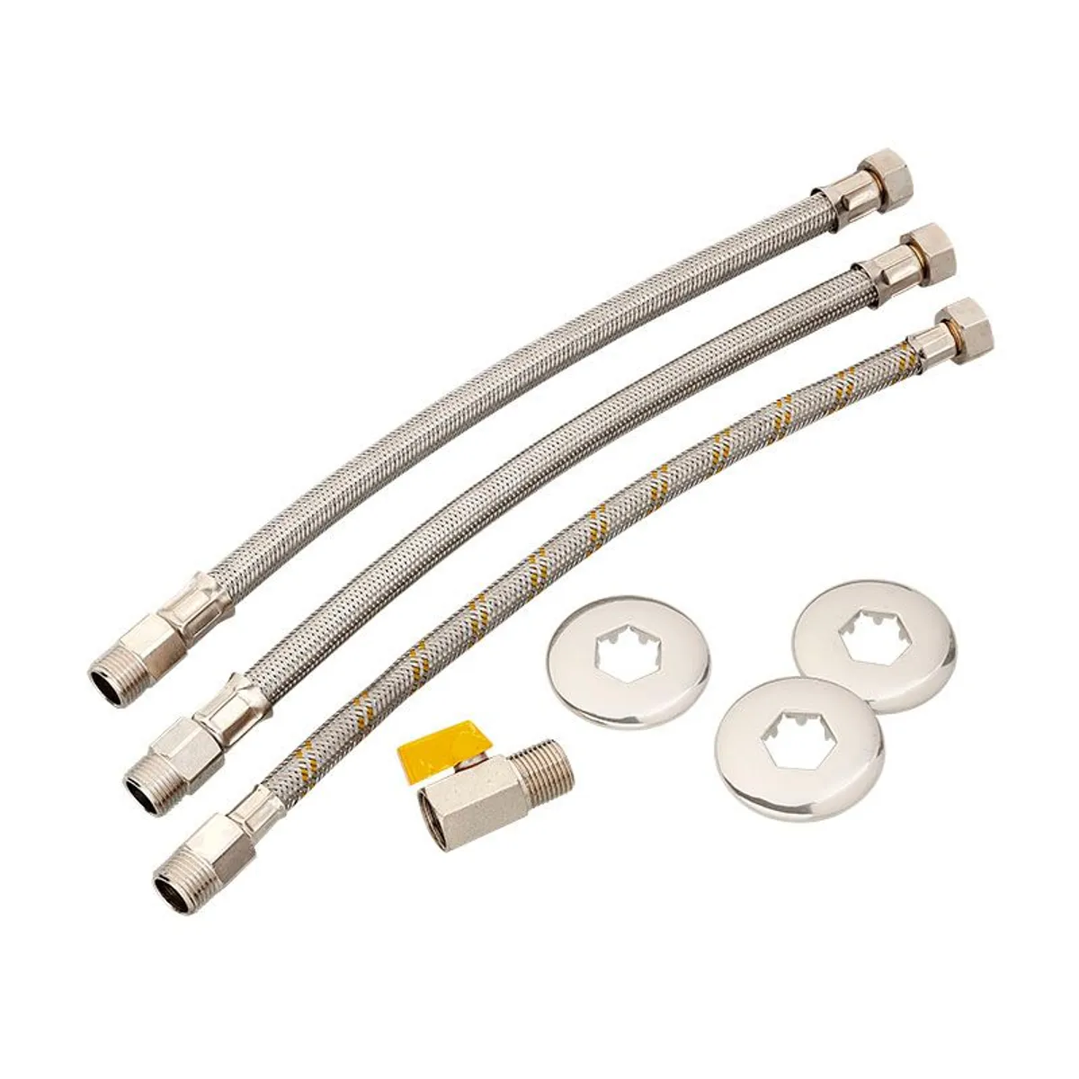 Kit para Instalação de Aquecedor a Gás Passagem 40cm com 3 Flexíveis Inox, 3 Canoplas e 1 Registro, marca Blukit - Foto Principal