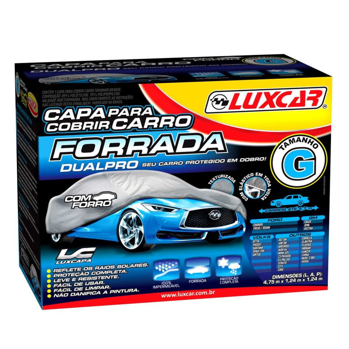 Capa para Carro Dualpro com Forro 475x124x124cm Tamanho G, marca Luxcar - Foto Principal