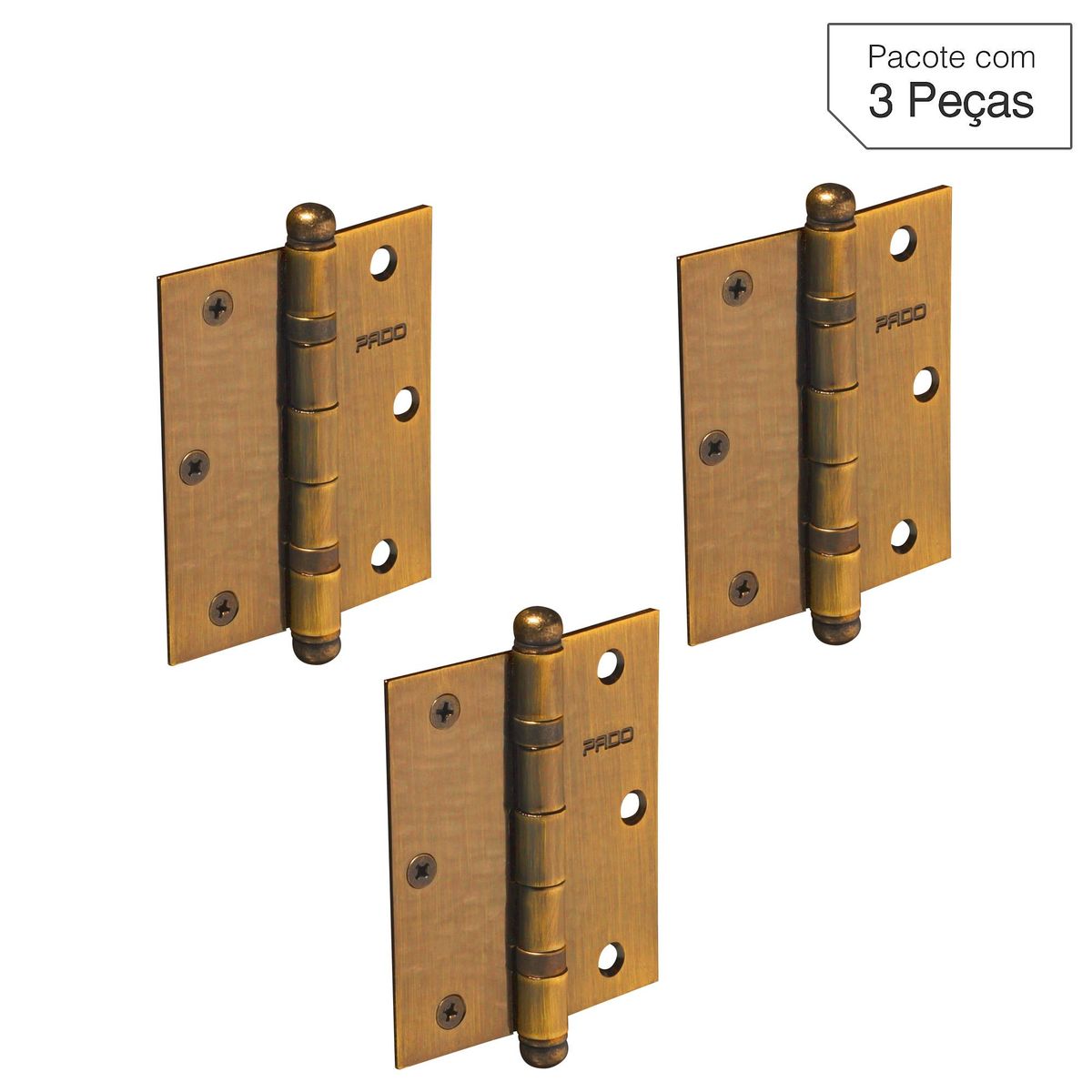 Dobradiça Bronze para Porta 3x2,5 " Modelo 3025 Aço 3 peças, marca Pado - Foto Principal