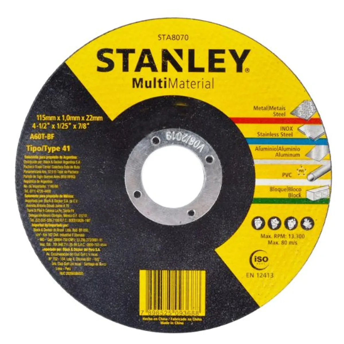 Disco de Corte 115mm Multi Material Tipo 41 STA8070 Preto Stanley, marca Stanley - Foto Principal