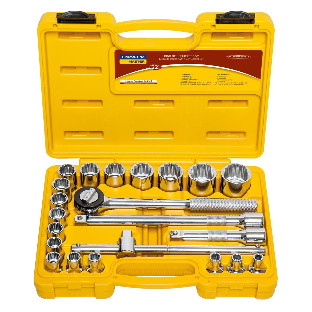 Maleta com Soquetes Estriados e Acessórios 1/2" com 22 peças Amarelo, marca Tramontina - Foto Principal