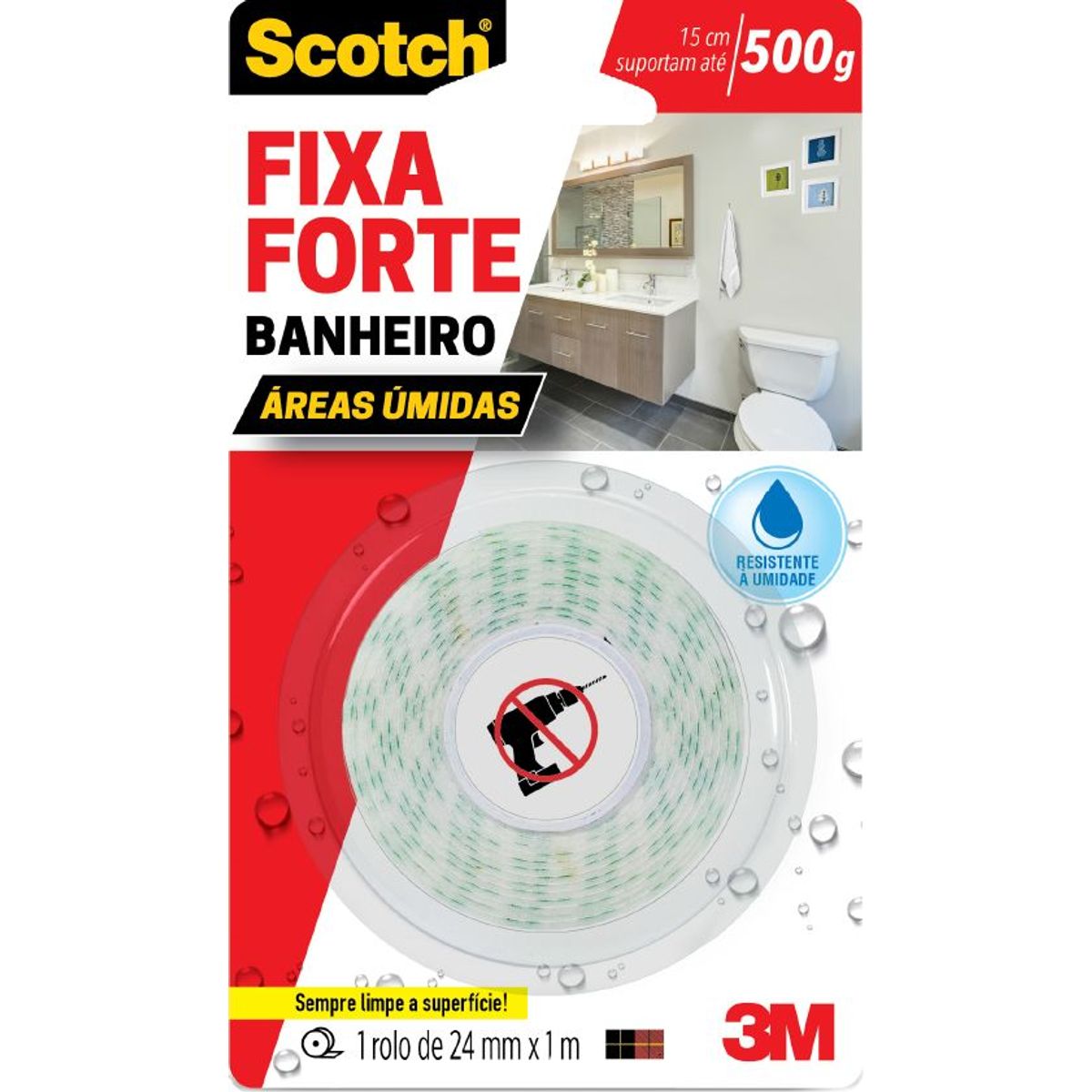 Fita Dupla Face 3M Scotch Fixa Forte Banheiro - 24 mm x 1 m, marca 3m - Foto Principal