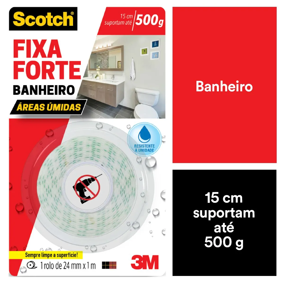 Fita Dupla Face 3M Scotch Fixa Forte Banheiro - 24 mm x 1 m, marca 3m - Foto 2