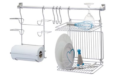 Kit Cozinha Suspensa Porta Rolos e Escorredor Prata