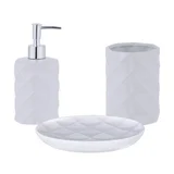 Kit com 1 Porta Sabão Líquido Diamond Branco + 1 Copo Rhombus Branco + 1 Saboneteira Diamond Branco