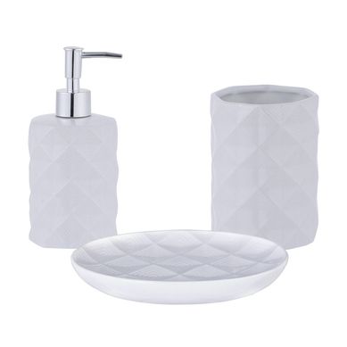 Kit com 1 Porta Sabo Lquido Diamond Branco + 1 Copo Rhombus Branco + 1 Saboneteira Diamond Branco