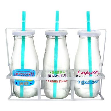 Conjunto 3 Garrafas de Vidro com Rack de Metal 300ml
