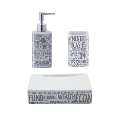 Kit com 1 Porta Sabo Lquido Branco Words + 1 Copo Branco Words + 1 Saboneteira Branco com Palavras