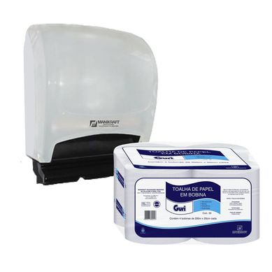 Kit Papel Toalha Bobina Guri 200m x 20cm 4 Rolos Branco + Toalheiro para Bobina Branco