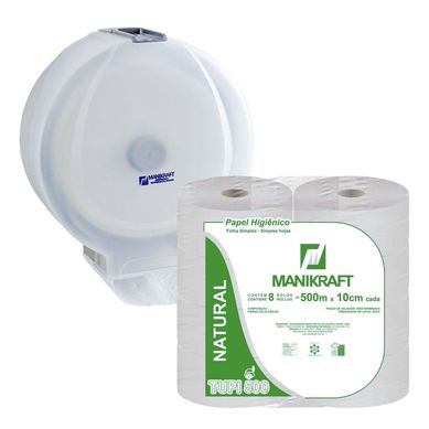 Kit de Suporte para Papel Higinico Rolo Branco + Papel Tupi Natural 500mx8cm Branco
