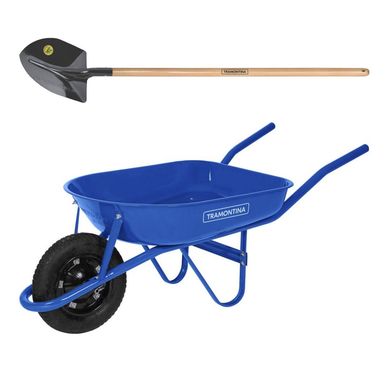 Kit com 1 Carrinho de Mo 50L at 100kg Ao Azul + P de Bico com Cabo de Madeira 120cm