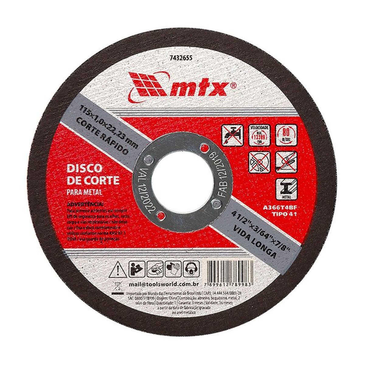 Disco de Corte para Metal 115mm 7432655 Preto MTX, marca Mtx - Foto Principal