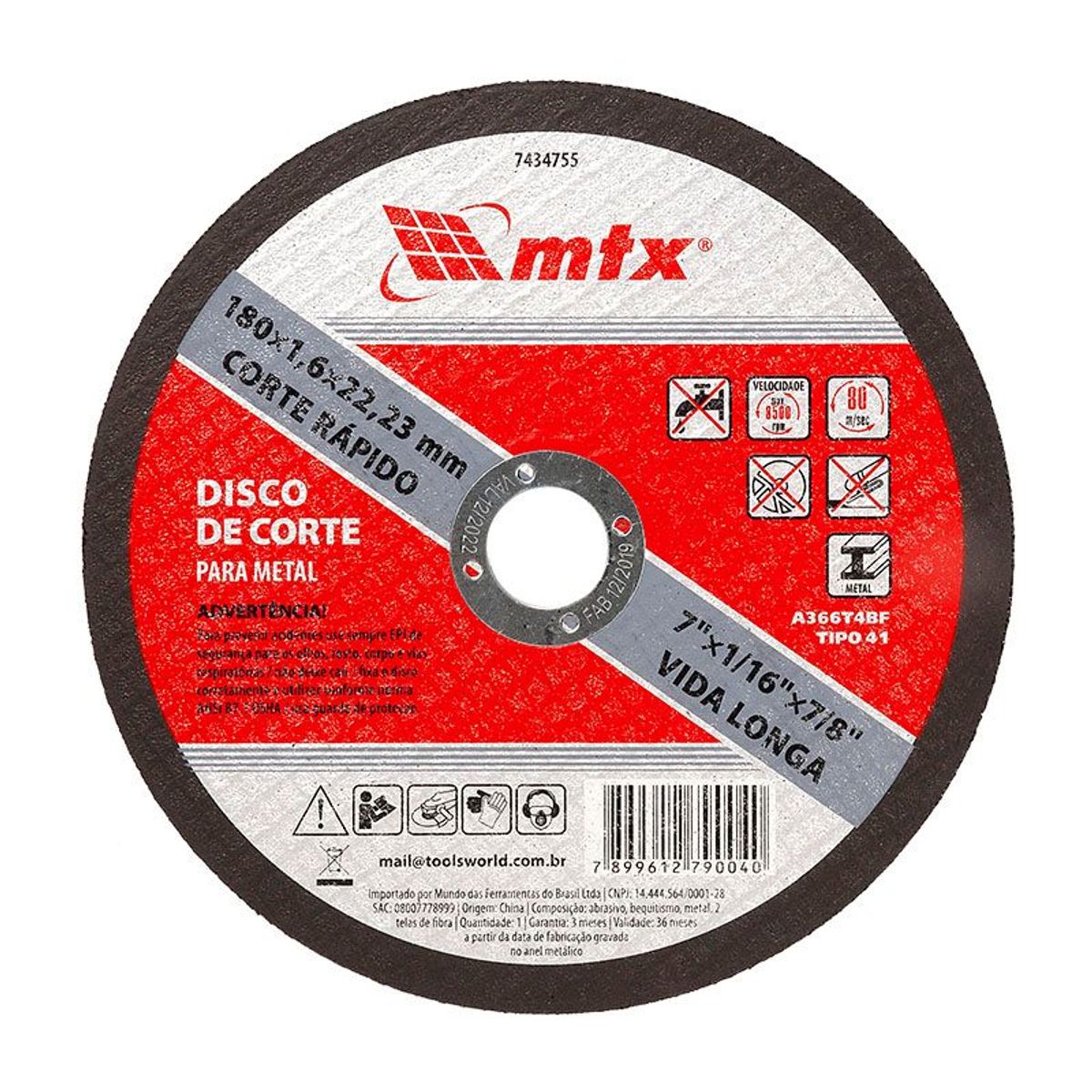Disco de Corte para Metal tipo 41 7434755 Preto MTX, marca Mtx - Foto Principal
