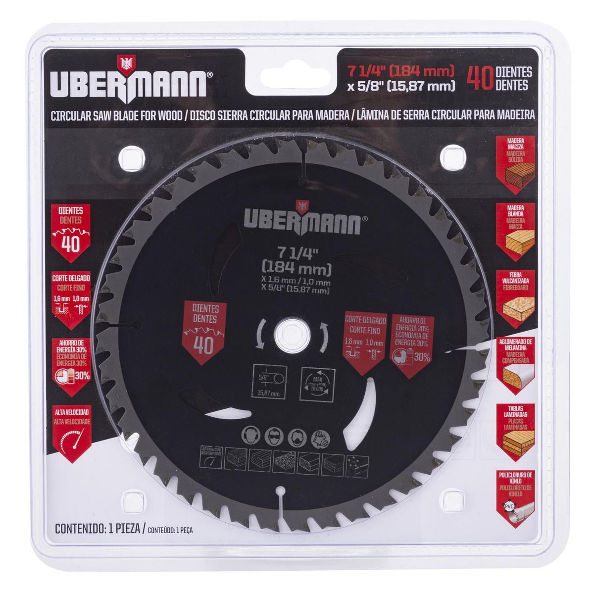 Lâmina de Serra Circular TCT 7.1/4" 40 Dentes Preto Ubermann, marca Ubermann - Foto 2