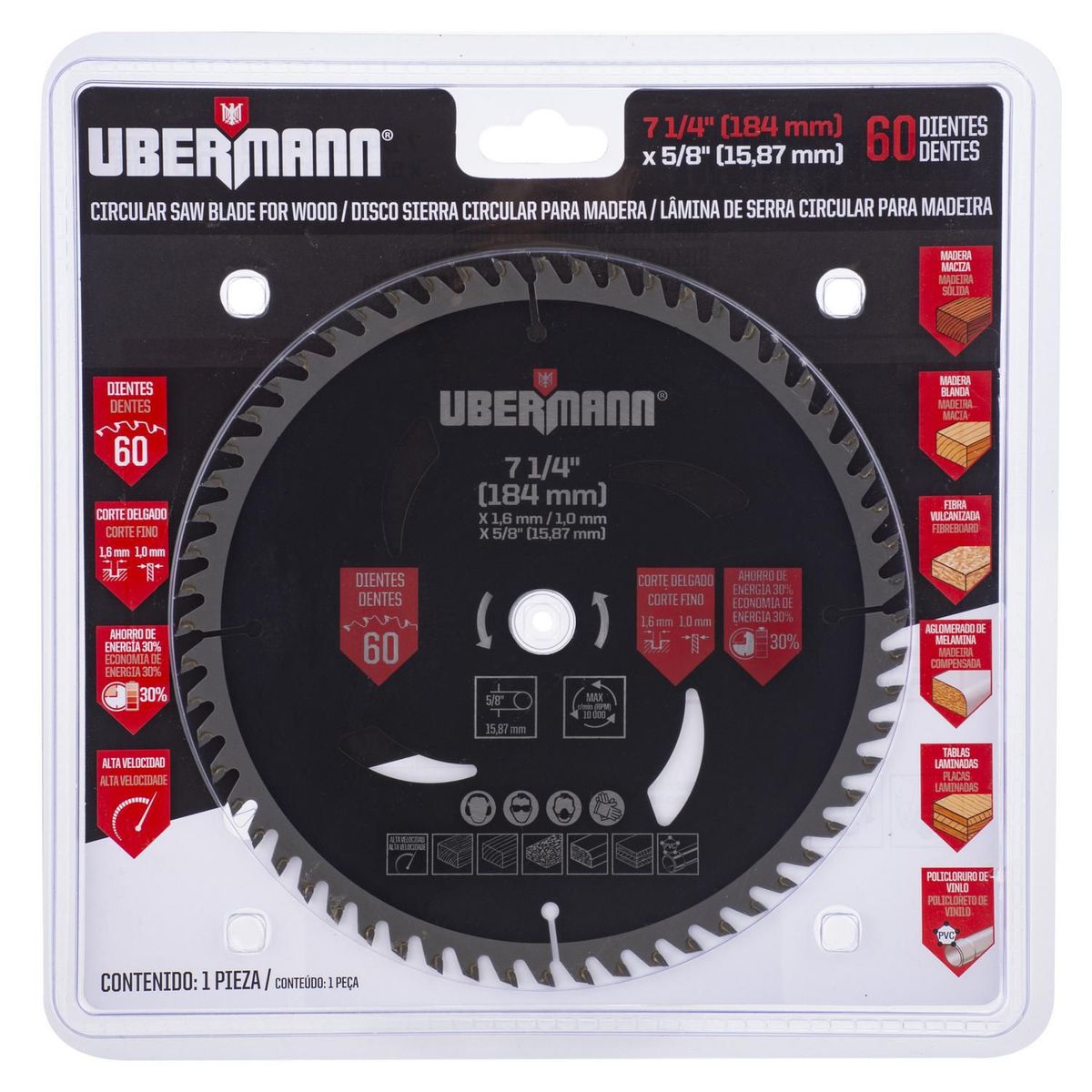 Lâmina de Serra Circular para Madeira 184mm 7 1/4" 21S5760 60 Dentes Ubermann, marca Ubermann - Foto 2