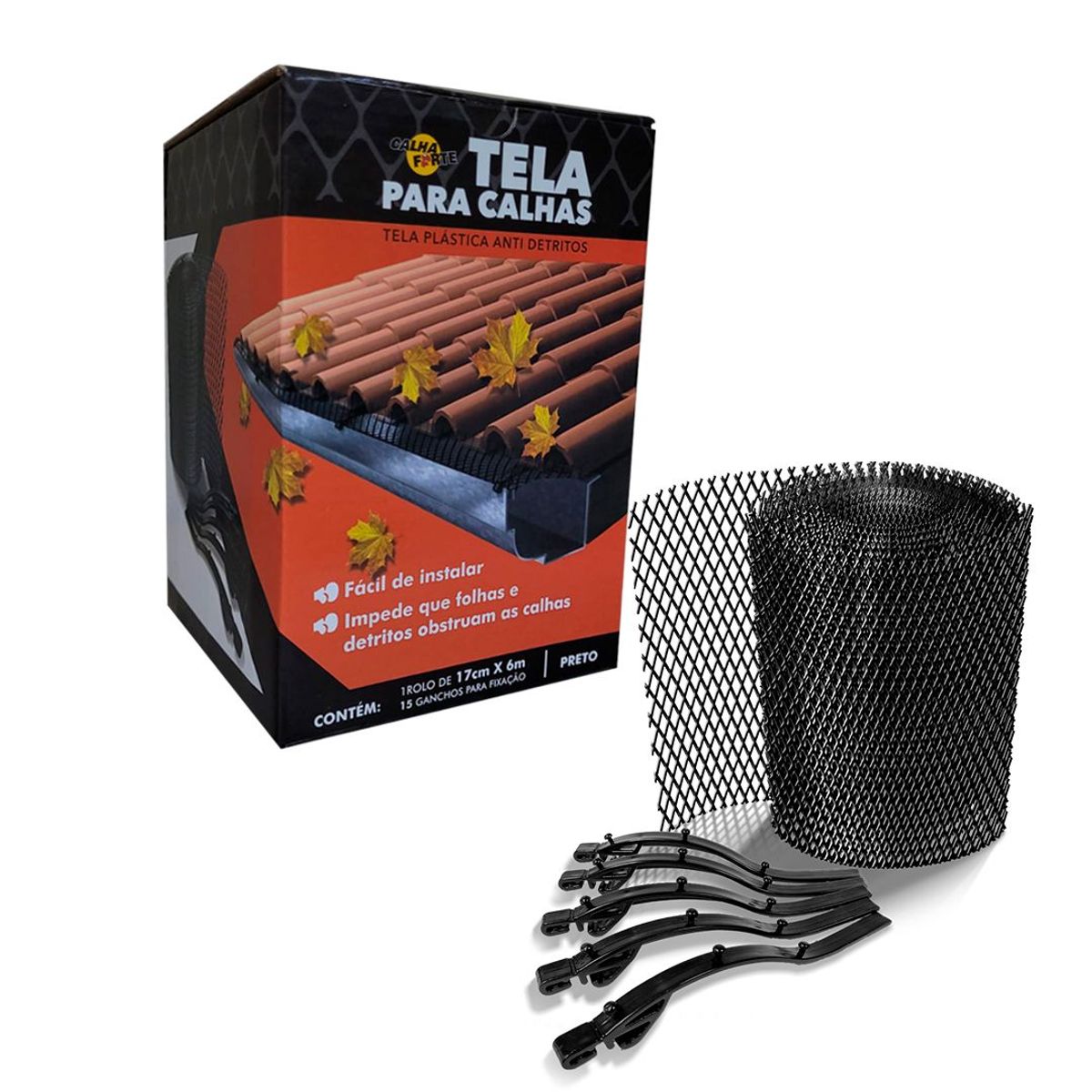 Tela Protetor de Calhas Pvc com Gancho Fixação,preto,0,17x6,0ml, Calhaforte, marca Calhaforte - Foto Principal