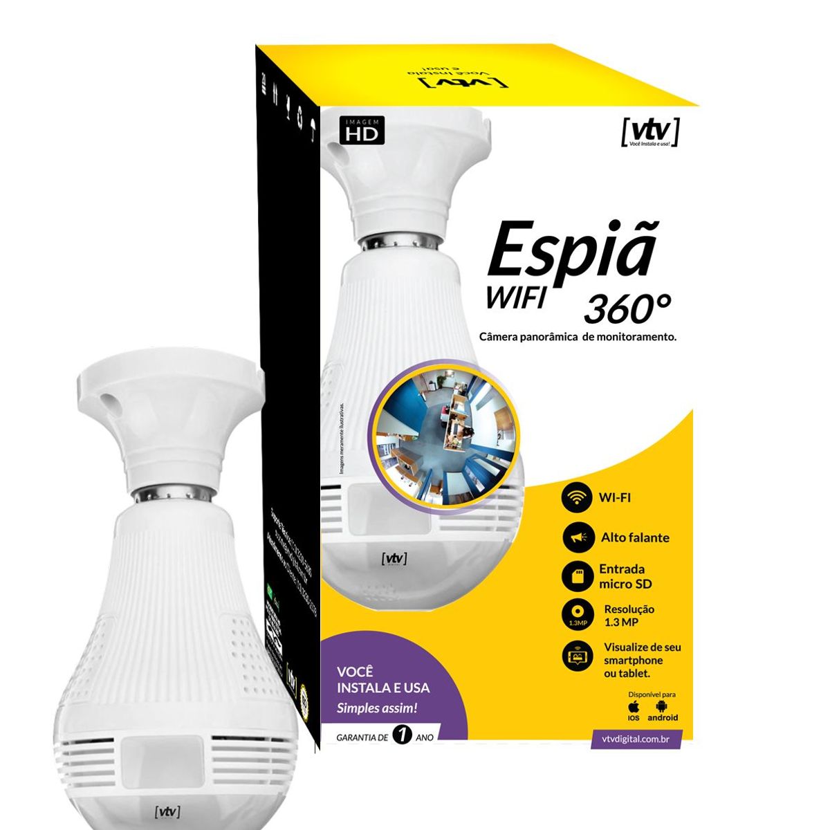 Câmera Espiã Wi-Fi 360 Graus, marca Vtv - Foto Principal