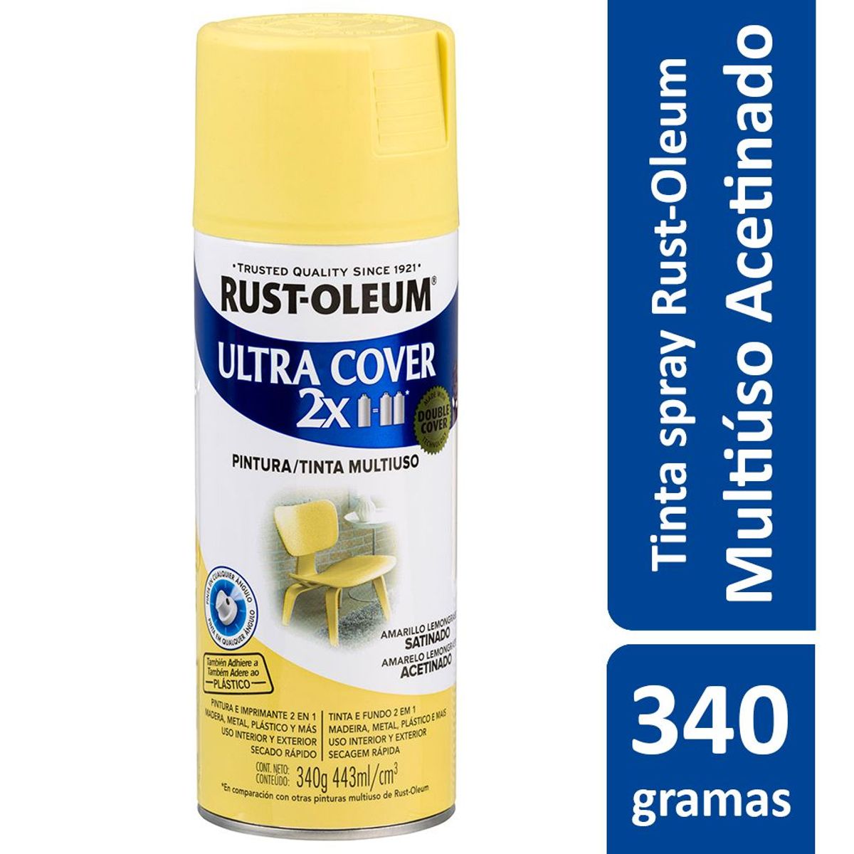 Tinta Spray Ultra Cover 2X 340G Multiuso Grande Poder de Cobertura Acetinado Amarelo Capim-Limão, marca Rust-Oleum - Foto Principal
