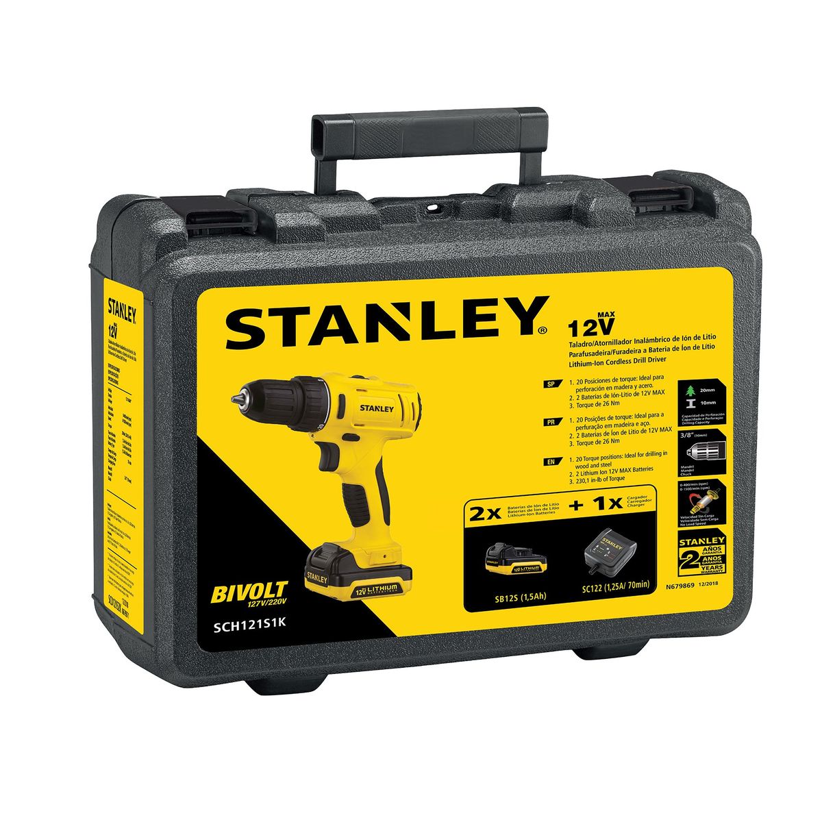 Parafusadeira e Furadeira de Impacto com 1 Bateria e Maleta Stanley, marca Stanley - Foto Principal