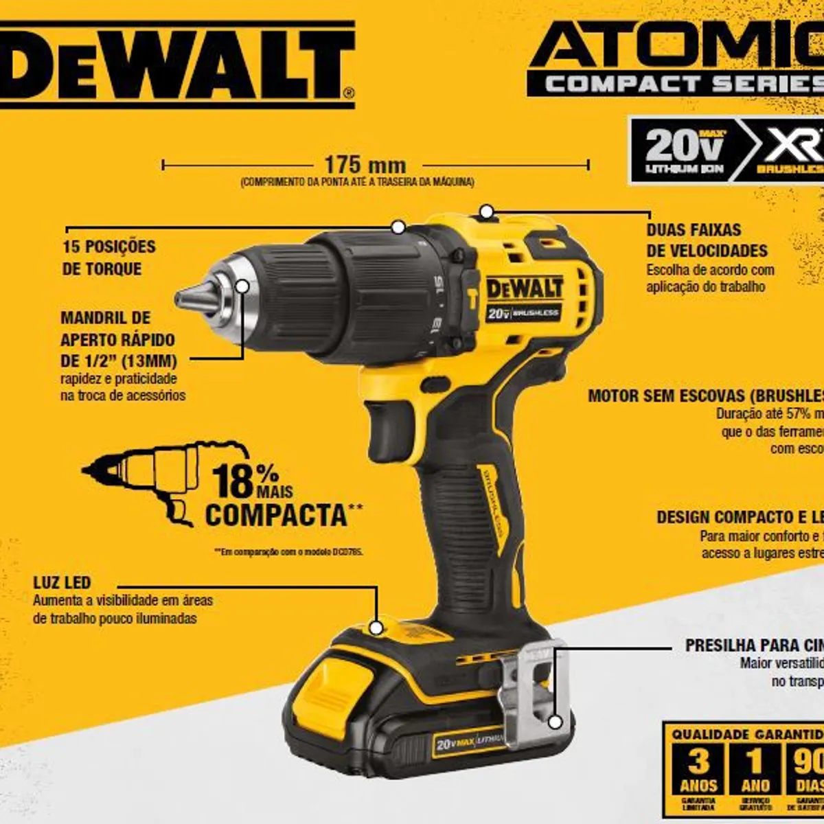 Parafusadeira e Furadeira com Impacto 1/2" (13mm) 20V Atomic DCD709D2-BR Dewalt, marca Dewalt - Foto 2