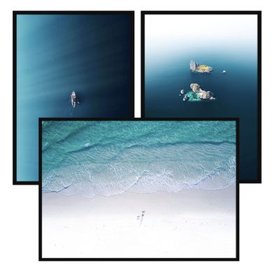 Kit Quadro Vidro Canoa 35x50cm+Quadro Vidro Ilhas 35x50cm+Quadro Vidro Praia 70x50cm Azul