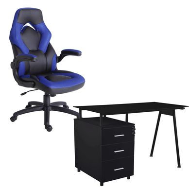 Kit com 1 Mesa Escritrio Tripoli Tampo de Vidro 3 Gavetas 76x60x120cm Preto + 1 Cadeira Gamer Azul
