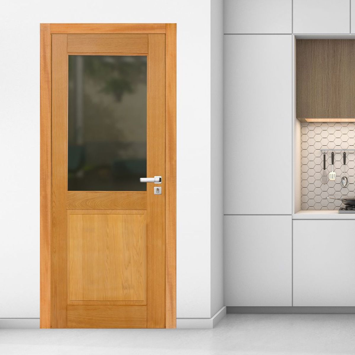 Porta Montada de Giro Madeira Macica Tauari Natural Esquerda 213x97,5x14cm Monaco Wood Glass, marca Mapaf - Foto 2