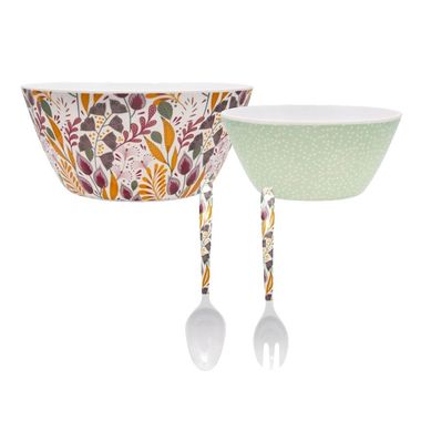 Kit com Saladeira Melamina + 6 Bowls Melamina + Talheres Salada Melamina Magnolia