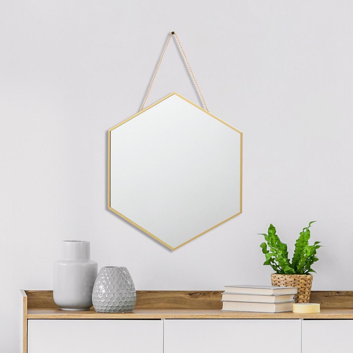 Espelho Decorativo 39x45cm com Corrente Hexa Gold Dourado Just Home Collection, marca Just Home Collection - Foto 2