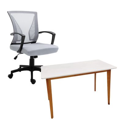 Kit com 1 Escrivaninha Luana Branco e Mel 125x75x65cm + 1 Cadeira de Escritrio com Tela Mesh Cinza