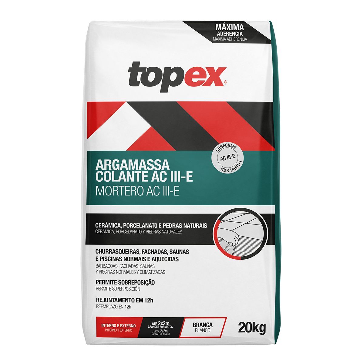 Argamassa ACIII Grandes Formatos Branco 20kg Topex, marca Topex - Foto Principal