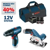 Kit Furadeira Parafusadeira 3/8 12V e Serra Circular 85mm 12V 2 Baterias, Carregador Bivolt e Bolsa