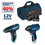 Kit Furadeira Parafusadeira 3/8 12V e Chave de Impacto 12V 2 Baterias, Carregador Bivolt e Bolsa