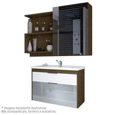 Kit para Banheiro Armario Azaleia 79cm com Porta de Vidro e Espelheira Lis 80cm Amendoa/Branco