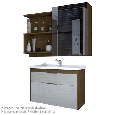 Kit para banheiro Armario Azaleia 79Cm com Porta de Vidro e Espelheira Lis 80cm Amendoa/Off White