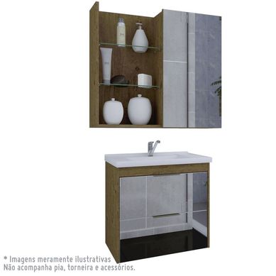 Conjunto para banheiro, Armario Bromelia 59Cm com porta de vidro e Espelheira Jasmim 60Cm, Amendoa