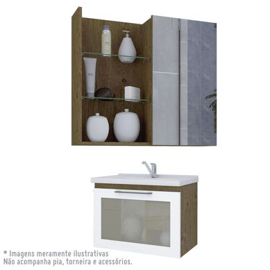 Kit Banheiro com Armario Hibisco 59Cm+Porta de Vidro e Espelheira Jasmim 60cm Amendoa e Branco